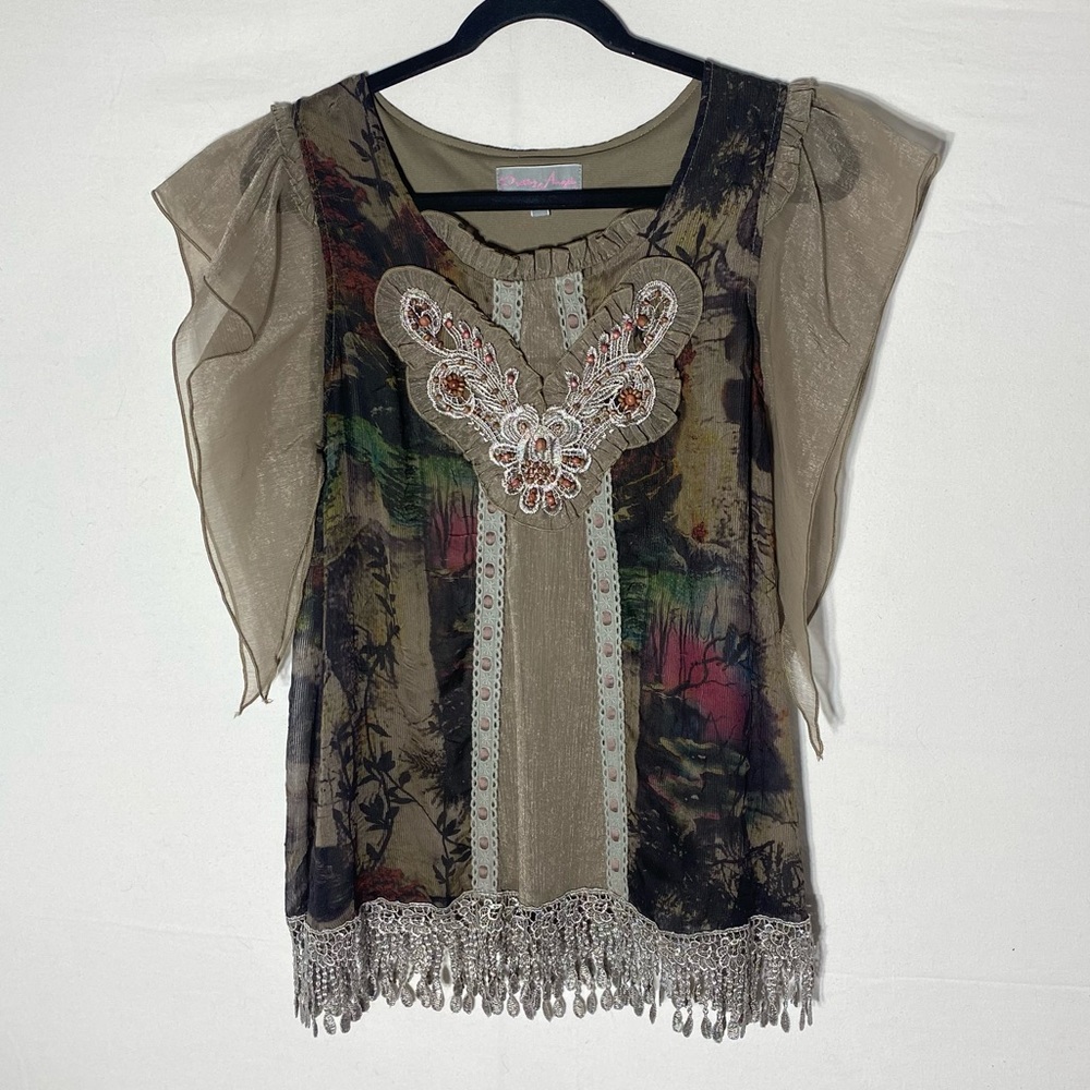 Vintage Y2K Pretty Angel Boho Sheer Butterfly Appliqué Top M Fairycore Fairy